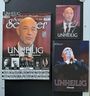 Links: "UNHEILIG: Stell dich deinen Dämonen!", Magazin mit Mann. Rechts: Autogrammkarte, Buch "UNHEILIG Chronik" mit Sänger.