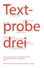 Großer roter Text "Textprobe drei", Namen und Titel von Autoren, darunter: Texte einer Textwerkstatt 2025.