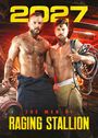 Text: "2027", "THE MEN OF RAGING STALLION". Zwei muskulöse Männer, oben ohne, in industrieller Umgebung mit Funkenflug.