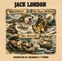"Jack London" und Titel "Wolfsblut", "Der Ruf der Wildnis", "Der Seewolf". Illustration von Wildnis und Seefahrt.