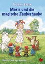 "Marie und die magische Zauberhaube." Illustration: Mädchen mit bunter Mütze, umgeben von Zwergen, Hund und Eulen auf Wiese.