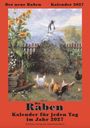Text: "Der neue Raben Kalender 2027. Der Raben Kalender für jeden Tag im Jahr 2027." Illustration: Hühner im Garten.