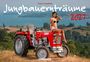 "Jungbauernträume 2027" in großer, verspielter Schrift. Junge Frau in Bikini auf einem roten Traktor vor ländlicher Kulisse.