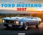 "FRANK MUNDUS FORD MUSTANG 2027" in großen Buchstaben über einem blauen Cabrio bei Sonnenuntergang.