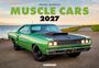 "Buchcover mit Text: FRANK MUNDUS MUSCLE CARS 2027. Grünes Muscle-Car am See, klare Himmelslandschaft im Hintergrund."