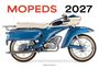Oben steht „MOPEDS 2027“ in großen Buchstaben. Ein klassisches, blaues Moped mit cremefarbenem Sitz.