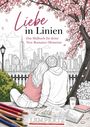 "Liebe in Linien. Das Malbuch für deine New Romance-Momente." Ein Paar sitzt unter einem blühenden Baum mit Stadtansicht.