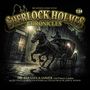 "Sherlock Holmes Chronicles" und "Die Paradolkammer". Kutsche mit Pferd in dunkler, regnerischer Baker Street.