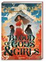 "Blood of Gods & Girls" von K.L. Kaine. Drei Figuren vor dramatischem Himmel und flammenden Hintergründen.
