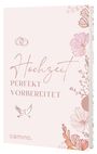 Titel: Hochzeit Perfekt Vorbereitet. Illustration mit Blumen, zwei ineinandergreifenden Ringen und zwei fliegenden Tauben.