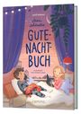 Mein schönstes Gutenachtbuch. Zwei Kinder im Bett, eines liest, das andere hält ein Stofftier. Gemütliche Abendstimmung.