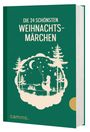 "Die 24 schönsten Weihnachtsmärchen" in Weiß auf grünem Hintergrund, mit einer Illustration von einem Mädchen, das Sterne hält.