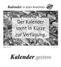 „Der Kalender steht in Kürze zur Verfügung.“ ist in der Mitte. Oben: „Kalender in alten Ansichten“. Darunter: Luftaufnahme.