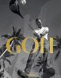 Text: "GOLF", "teNeues". Ein Mann führt einen Golfschwung aus, im Hintergrund Palmen und ein Golfball in der Luft.