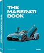 "THE MASERATI BOOK," Autor Roland Löwisch. Abgebildet ist ein blauer Sportwagen mit geöffneten Flügeltüren.