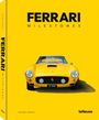 Text: "FERRARI MILESTONES", "ROLAND LÖWISCH". Gelber Hintergrund mit gelbem Ferrari von vorne, Logo unten.