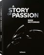 Text: "A Story of Passion" und "BMW Motorrad". Schwarzer Hintergrund mit stilisiertem Motorrad in dunklem Licht.