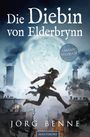 „Die Diebin von Elderbrynn“ ist ein Fantasy-Spielbuch von Jörg Benne. Silhouette einer springenden Diebin vor Mond.