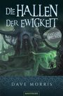 „Die Hallen der Ewigkeit“, „Fantasy Spielbuch“. Unterhalb surreale Architektur, mystische Stimmung, eine Gestalt klettert.