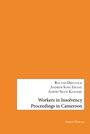 Der Text zeigt Buchtitel und Autoren: "Workers in Insolvency Proceedings in Cameroon" von Djieufack, Ewang, Kamadje. Rechteckiges Design in Orange mit weißem Textfeld.