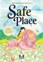 "Safe Place", "Für Kinder ab 6 Jahren..." Eine Illustration zeigt ein Mädchen auf einem großen, rosa Löwen in einer blühenden Wiese.