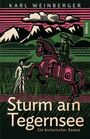 „Sturm am Tegernsee“ von Karl Weinberger. Ein Reiter auf einem Pferd neben einer Frau, Berge im Hintergrund.