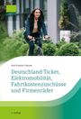 „Deutschland-Ticket, Elektromobilität, Fahrtkostenzuschüsse und Firmenräder“. Frau in Anzug auf Fahrrad. DATEV-Logo.