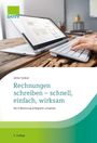 "Rechnungen schreiben – schnell, einfach, wirksam. Die E-Rechnung erfolgreich umsetzen. DATEV-Logo. Laptop auf Holztisch."