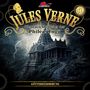 "Jules Verne. Die neuen Abenteuer des Phileas Fogg. Götterdämmerung." Tempel mit Blitz und Zahnräder; mystische Atmosphäre.