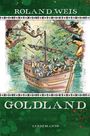 „ROLAND WEIS“, „GOLDLAND“, „LINDEMANN’S“. Illustration von Ureinwohnern mit Bögen, die ein Schiff mit europäischen Seefahrern umgeben.