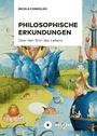Titel: "Philosophische Erkundungen: Über den Sinn des Lebens". Bizarre, fantasievolle Landschaft mit Natur und Figuren.