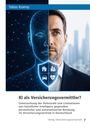 Buchcover: "KI als Versicherungsvermittler?" mit halbem Mensch, halber digitaler Kopf und Versicherungssymbolen im Schild.