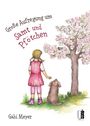 „Große Aufregung um Samt und Pfötchen“ in verspielt geschwungener Schrift, Mädchen und Hund vor blühendem Baum.