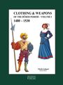 "Clothing & Weapons of the Dürer Period – Volume I 1480–1530". Zwei historische Figuren in bunter Kleidung.