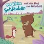 Text: "Der kleine Schlaubär und der Mut zur Wahrheit." Ein Bär und ein besorgtes kleines Tier stehen im Wald, Illustration.