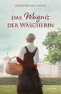"Das Wagnis der Wäscherin" von Christine Hill Suntz. Eine Frau in historischer Kleidung steht vor einem Tor mit Korb.