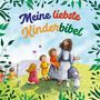 "Meine liebste Kinderbibel." Illustration von Jesus, sitzend mit Kindern und zwei Hasen, umgeben von grünen Blättern.