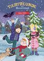 Tierfreunde aus Blumenstadt. Wilder Winter. Kinder spielen im Schnee mit Tieren, Häuser im Hintergrund, es schneit.