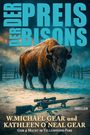 "DER PREIS DER BISONS" steht groß neben einem Bison im Schnee mit Gewehr im Vordergrund. Thriller von Gear und Gear.