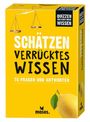 "Schätzen Verrücktes Wissen. 75 Fragen und Antworten. Quizzes und mehr Wissen." Gelbe Verpackung mit Waage und Zitrone.