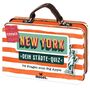 "NEW YORK: DEIN STÄDTE-QUIZ", "75 Fragen zum Big Apple", „FERNWEH“. Koffer mit Streifen, Freiheitsstatue, Ledergriff.