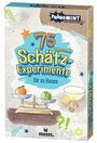 "75 supercoole Schätz-Experimente für zu Hause". Illustration mit Waage, Orange, Apfel, Zitronen und Münzen.