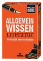 "ALLGEMEINWISSEN LITERATUR" mit 150 Fragen, eine Schreibfeder oben und eine Schreibmaschine unten, orange Hintergrund.