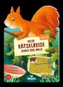 „Wilde Rätselreise durch den Wald“, „mit extra Sachwissen“, „ab 5 Jahren“. Illustration mit Eichhörnchen.