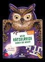 "Wilde Rätselreise durch die Nacht" in grüner Schrift, Illustration einer Eule mit Kreuzworträtsel und Waldmotiv.