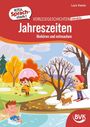 Text: "KITA Sprach-stark! Vorlesegeschichten interaktiv. Jahreszeiten. Hinhören und mitmachen."   
Illustration: Kinder spielen in herbstlicher Landschaft.