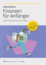 "Finanzen für Anfänger" von Maike Backhaus. Bunte Illustration: Eine Person trägt große Euroscheine. Gelber Kreis mit Text.