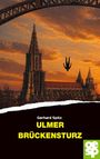 "Gerhard Spitz: Ulmer Brückensturz." Eine Illustration zeigt eine Silhouette, die kopfüber vor einer Kathedrale fällt. Logo unten.