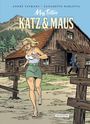 Text: "Miss Tattoo: Katz & Maus", "Alles Gute!". Illustration: Eine Frau flüchtet vor einem Mann aus einem Holzhaus in den Bergen.