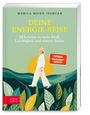 "DEINE ENERGIE-REISE", "12 Schritte zu mehr Kraft, Leichtigkeit und innerer Stärke". Frau vor Sonne über Blättern.